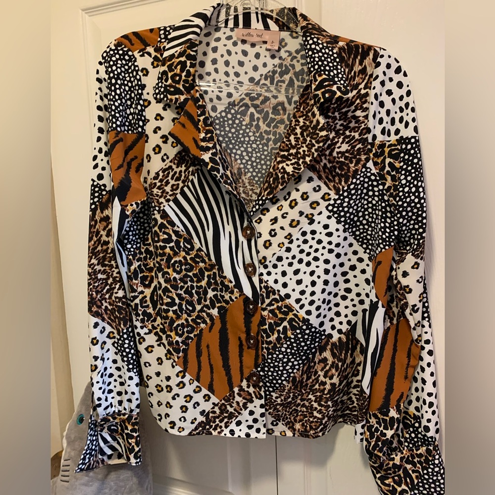 Mixed Animal Print Button-Front Blouse - White, Brown, Black